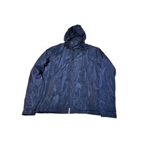 Sacoor Brothers Navy Blue Hooded Windbreaker Fleece Lined Jacket Mens Large